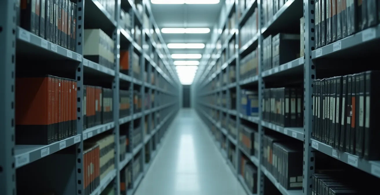 Rangement vertical professionnel de cassettes VHS dans un environnement contrôlé