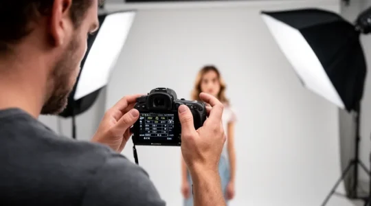 Photographe ajustant son appareil lors d'un shooting en studio avec éclairages softbox