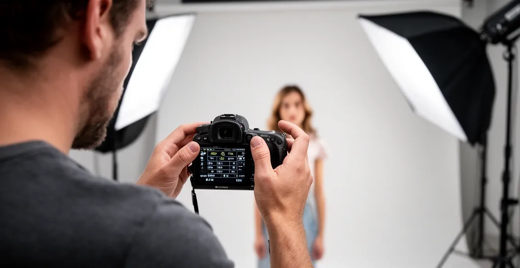 Photographe ajustant son appareil lors d'un shooting en studio avec éclairages softbox