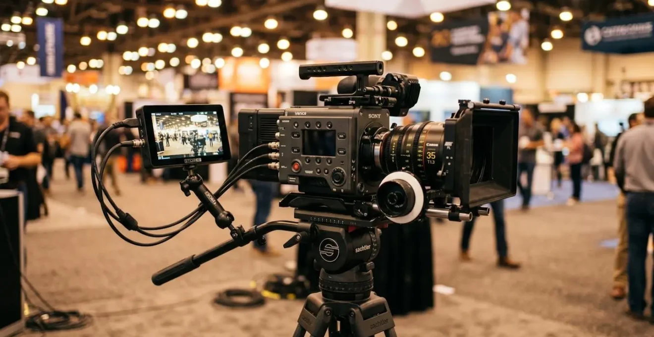 Caméra de cinéma Sony Venice sur trépied installée lors d'un événement professionnel avec moniteur de contrôle connecté