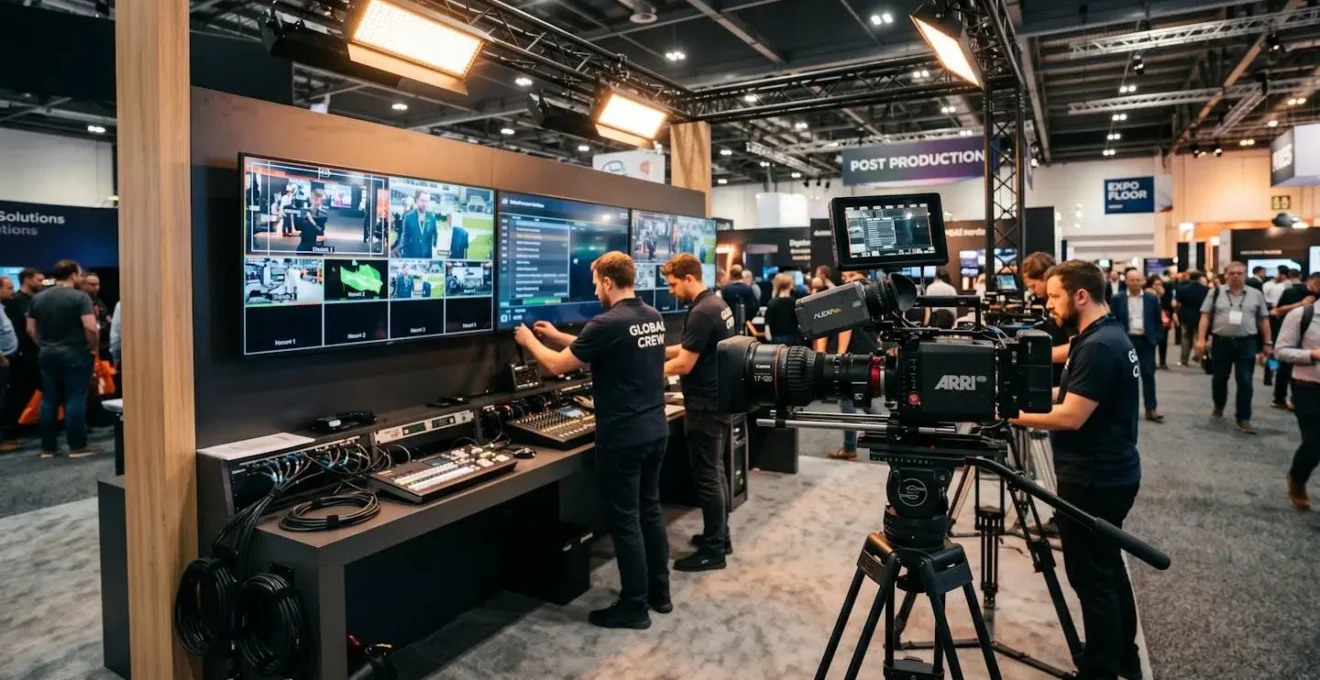 Stand de salon professionnel avec écrans broadcast, caméra et éclairage LED installés pour une diffusion événementielle