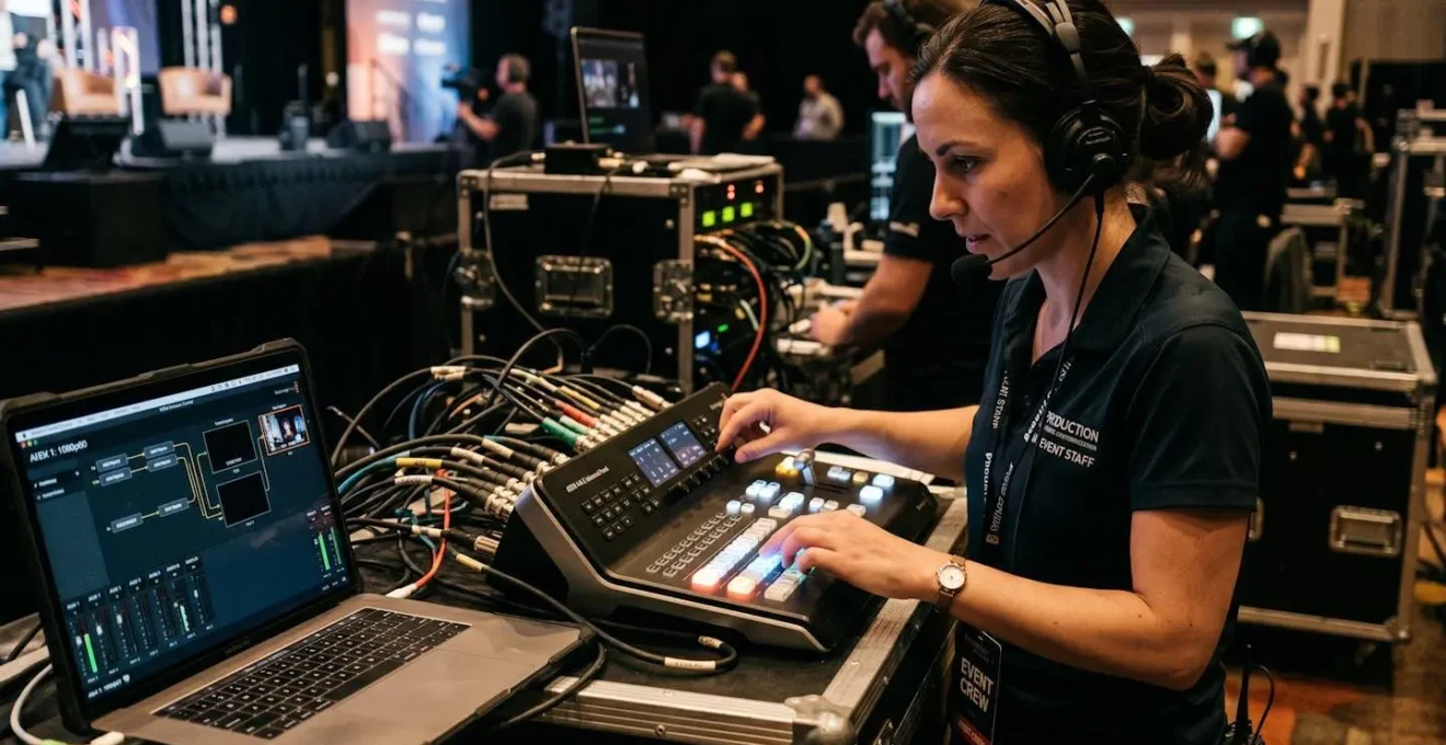 Technicien audiovisuel configurant une régie Blackmagic ATEM en coulisses d'un événement professionnel avec câbles SDI connectés