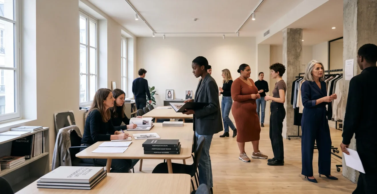 Session de casting dans une agence de mannequinat parisienne avec plusieurs mannequins aux profils atypiques et plus-size rencontrant des directeurs de casting