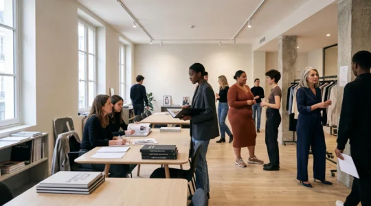 Session de casting dans une agence de mannequinat parisienne avec plusieurs mannequins aux profils atypiques et plus-size rencontrant des directeurs de casting