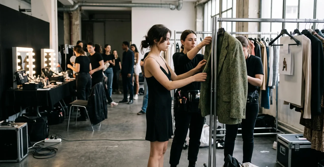 Mannequin de petite taille en préparation backstage avec une styliste avant une séance photo professionnelle à Paris