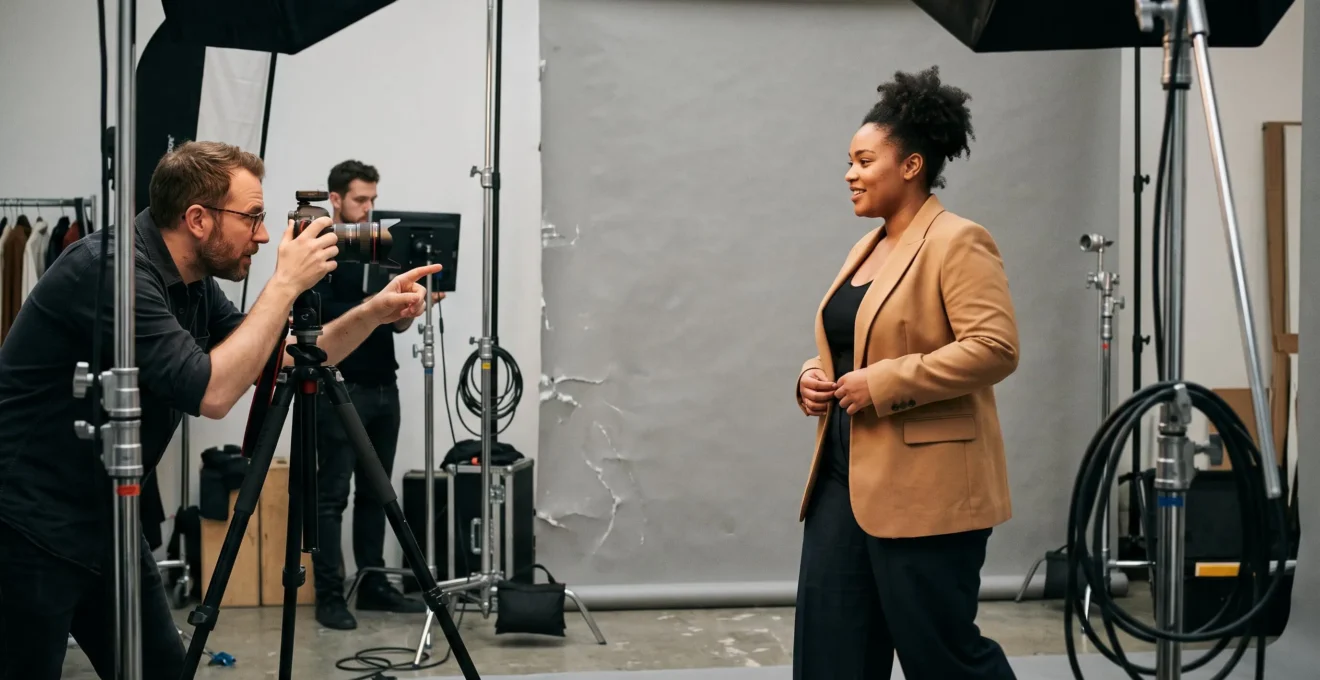 Mannequin grande taille lors d'une séance photo professionnelle dans un studio parisien avec photographe dirigeant la session