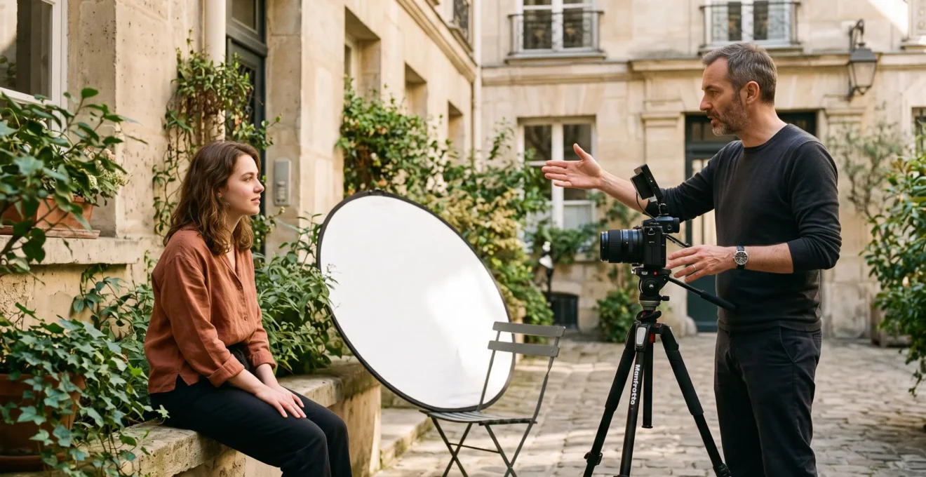 Un photographe professionnel dirige un modèle lors d'une séance de portrait en extérieur, avec un réflecteur posé contre un fauteuil et un appareil sur trépied dans une cour parisienne.