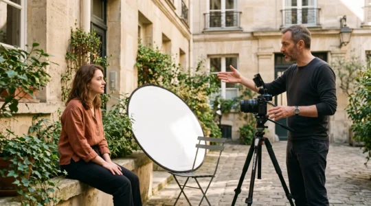Un photographe professionnel dirige un modèle lors d'une séance de portrait en extérieur, avec un réflecteur posé contre un fauteuil et un appareil sur trépied dans une cour parisienne.