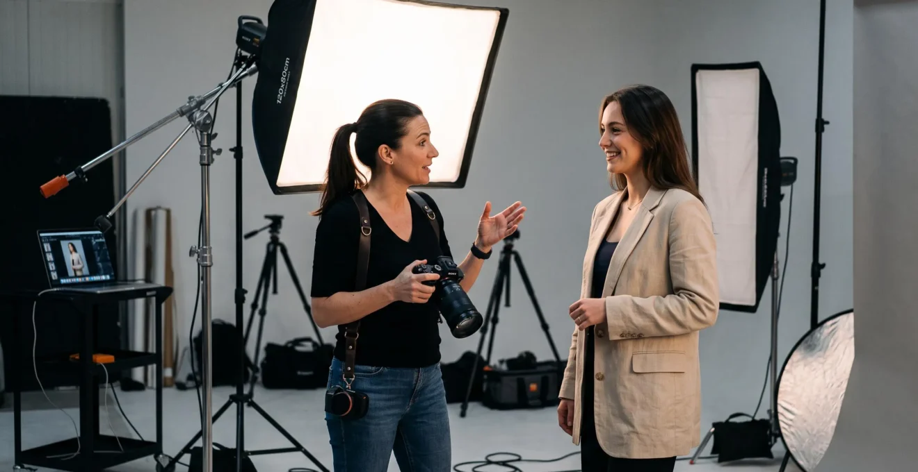 Un photographe professionnel dirige une séance de portrait en studio avec un modèle et un éclairage softbox.