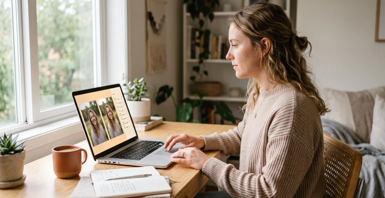 Une femme assise à un bureau en bois retouche un portrait sur un ordinateur portable affichant une interface générique avec des curseurs de luminosité et de contraste.