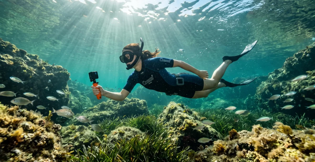 Un apnéiste filme des poissons avec une petite caméra d'action sous l'eau